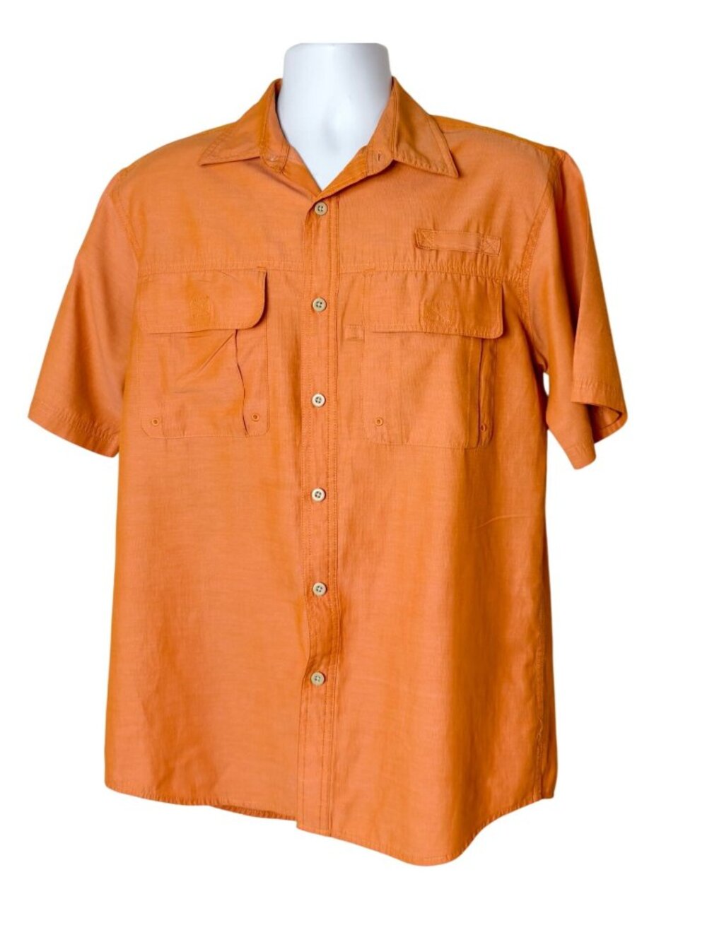 Bass Mens M Fishing Shirt Vented Orange Earth Explorer Short Sleeve Button-Up